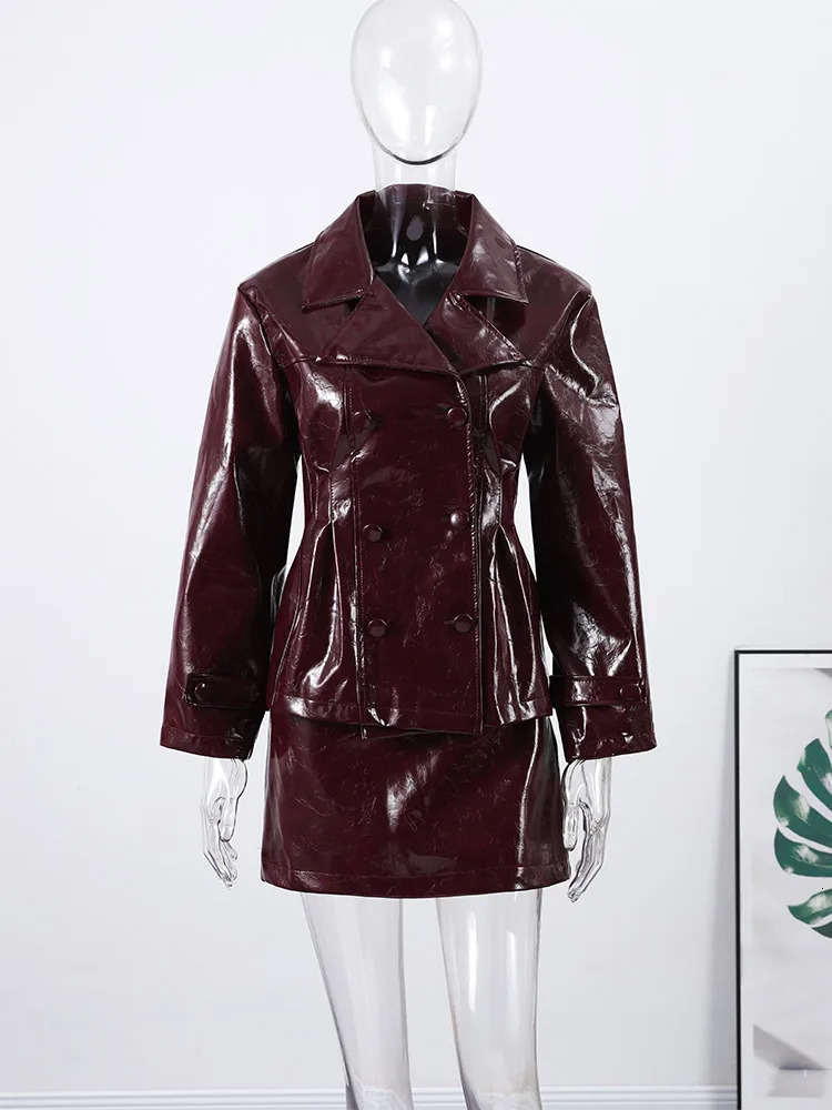 Retro Leather Blazers Short Skirts Suit Womens Stylish Lapel Double-breasted Jackets Autumn Winter Ladies Streetwear 260306