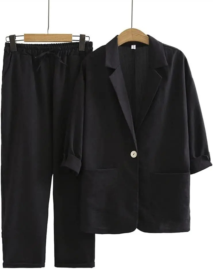 Womens cotton and linen 2-piece suit jacket trousers Spring and autumn loose fashion casual cotton and linen suit top set 260304