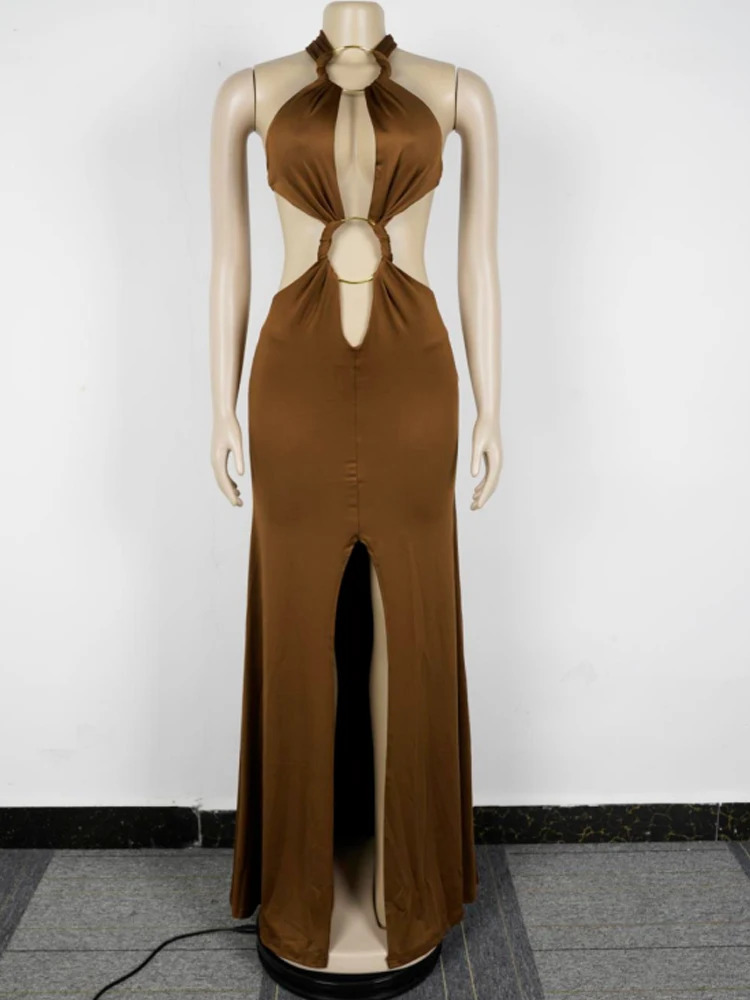 Beyprern Chic Halter V Neck O Rings Long Maxi Dress Glam Women Sexy Backless Ruched High Slit Party Dresses Birthday Outfits 260306