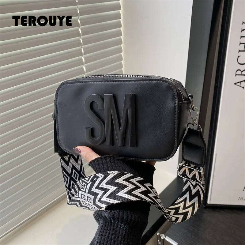 Stylish Versatile Women Single SM Letter Pu Leather Small Square Bag Leisure Wide Shoulder Strap Cross Body Bags TEROUYE