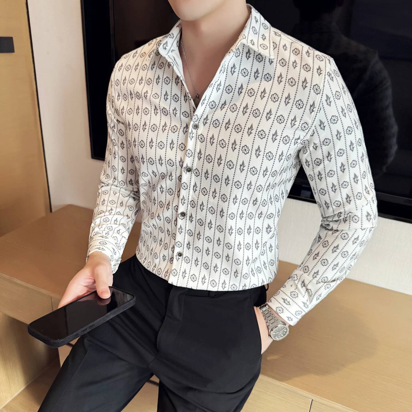 Suede Autumn and Winter Thick Men's Long Sleeved Fashionable Casual Luxury Retro Printed Slim Fit Shirt 4XL-M