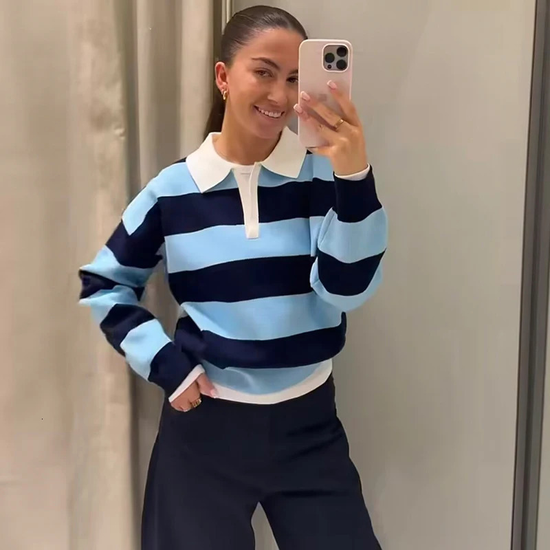 Womens 2026 Knitted Striped Sweater Polo neck Pullover Spring Fashion Loose Elegant Warm Young Women Street Blouses 260306