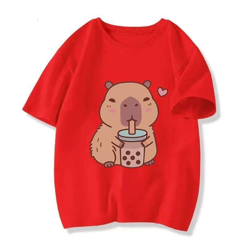 2025 Funny Capybara with Turtle Loves Bubble Milk Tea Printed T Girls/Boys Kawaii Kids Clothes Harajuku Shirt Tops XJ260306 XJ260306