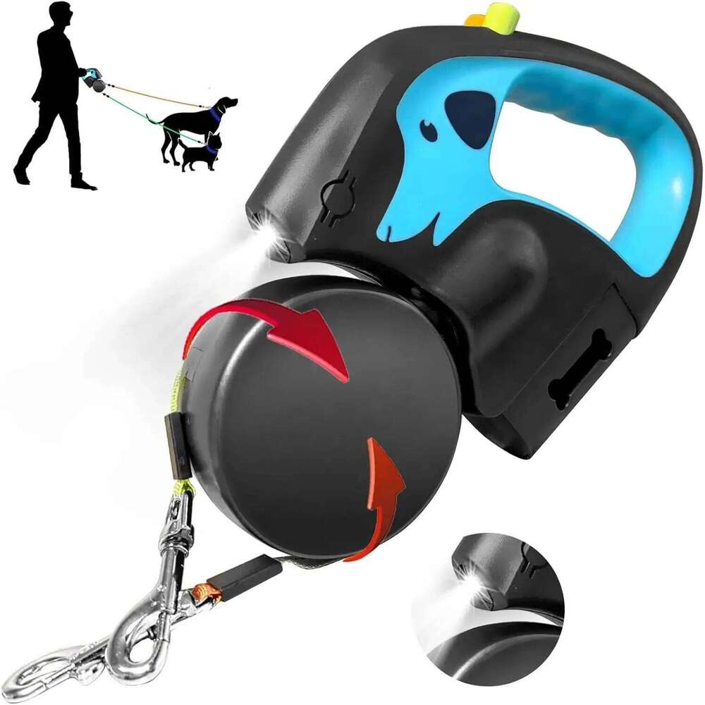 3M Retractable For Small Dogs Reflective Dual Pet Lead 360 Swivel No Tangle Double Dog Walking Leash With Lights Bamubi