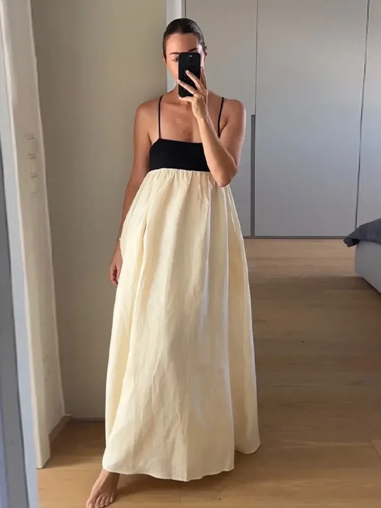 Contrast Splicing Loose Sling Long Dresses Women Square Collar Sleeveless Backless High Waist Dress Summer Lady Street Robe 260306
