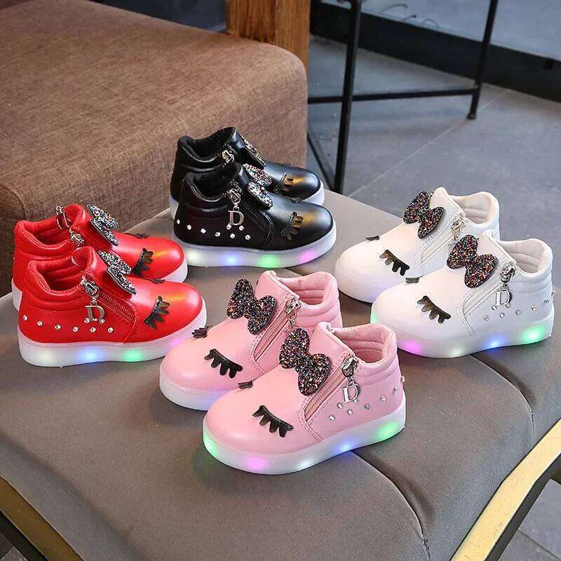 Children Glowing Kid Princess Bow for Girls LED Cute Baby Sneakers with Light Shoes Size 21-30 H260207 H260305
