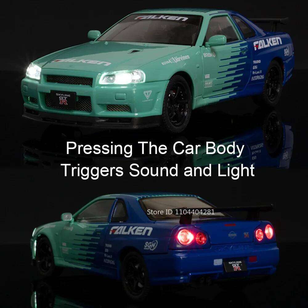 1:24 SKYLINE GTR R34 Alloy Sports Car Toys Model Diecast Cars Front Wheel Steering Sound Light Pull Back Vehices Adult Kids Gift Z260307