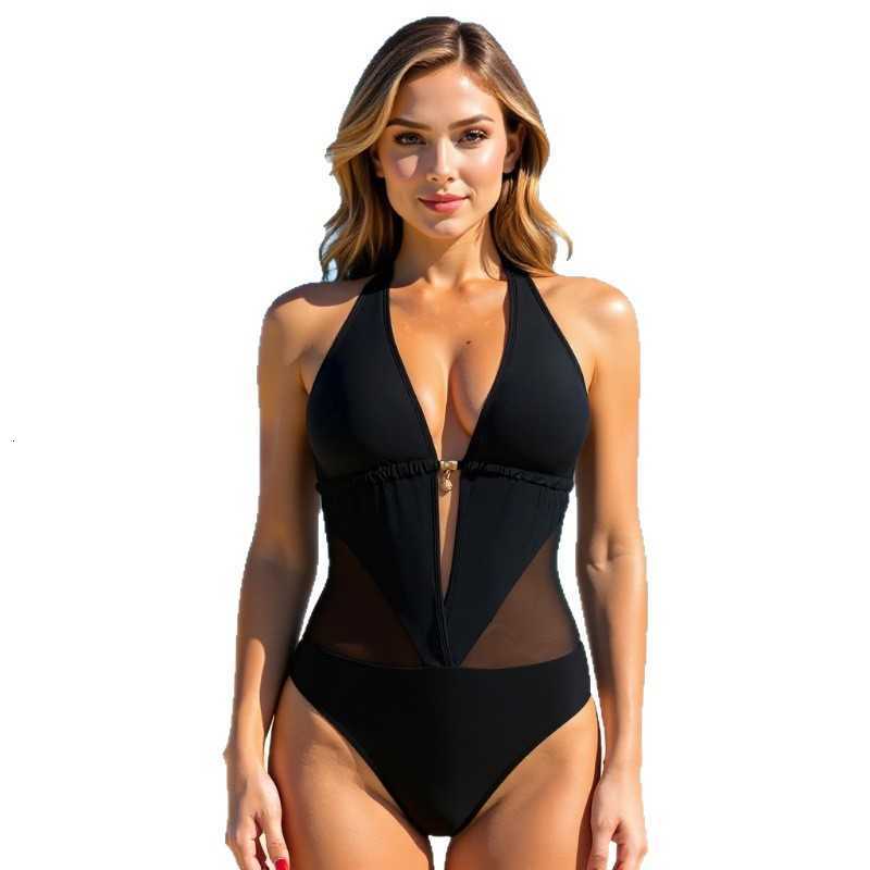 Women's Swimwear Halter-neck sexy triangle one-piece bikini swimsuit for women with mesh inserts, Russian sexy one-piece swimsuit