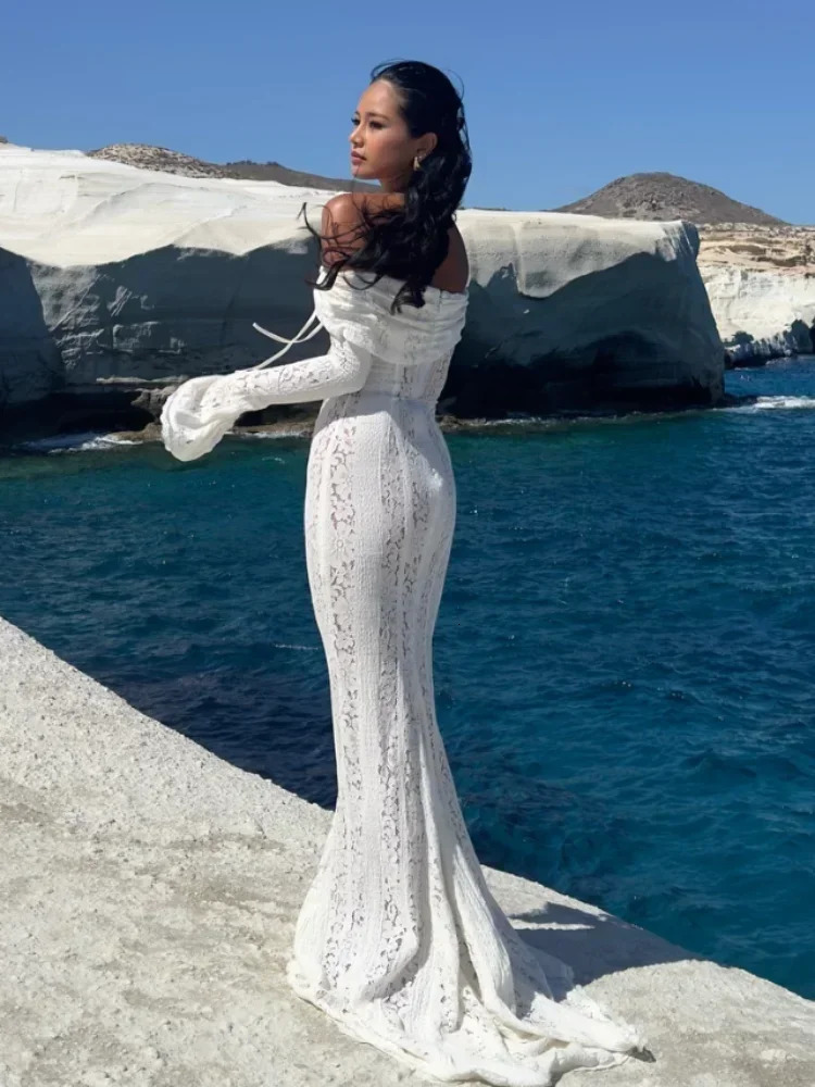 2026 Women Sexy Lace Patchwork White Maxi Dress Flared Sleeve Off Shoulder Bodycon Gowns Lady Evening Night Party Robes 260306