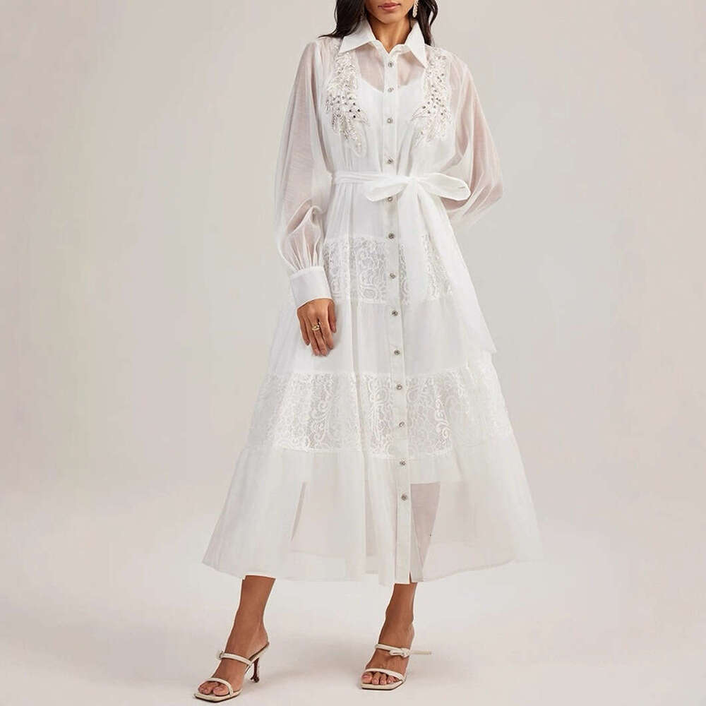 2026 Spring and Autumn Women's European and American Minority Ladies' Style a2 Bead Embroidery Lace Splicing Loose Long Shirt Dress