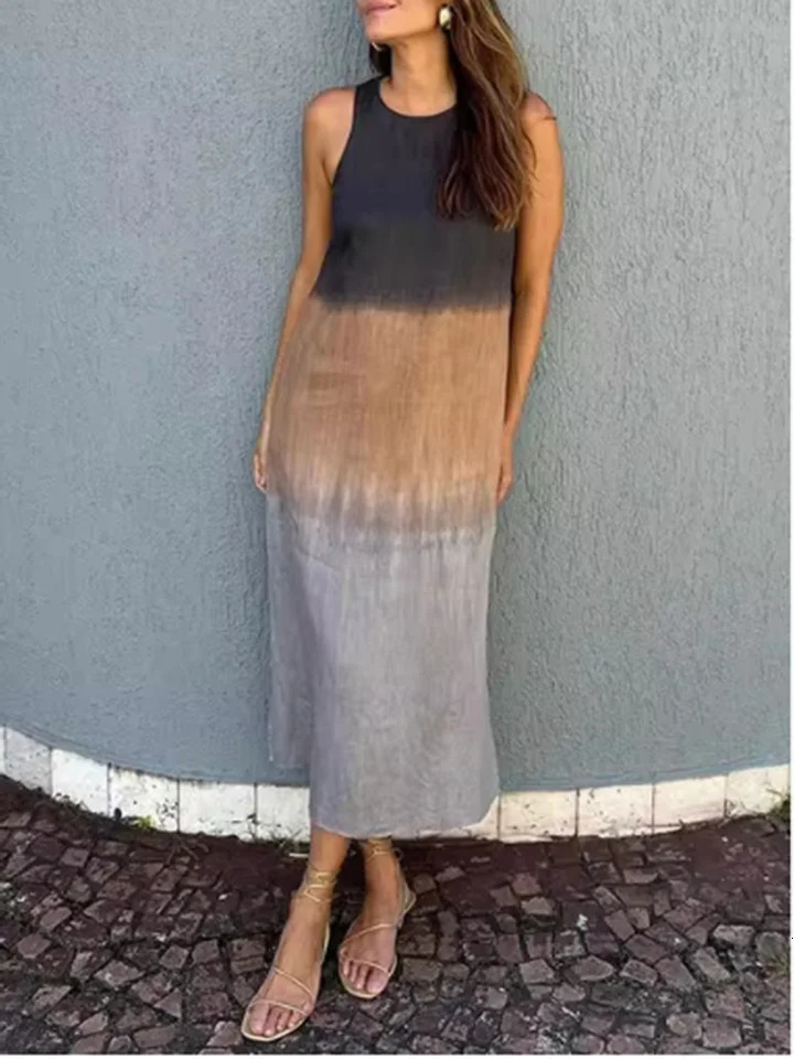 Elegant Gradient Dress Womens o Neck Sleeveless Dress Fashion Loose Vacation Dresses 260306