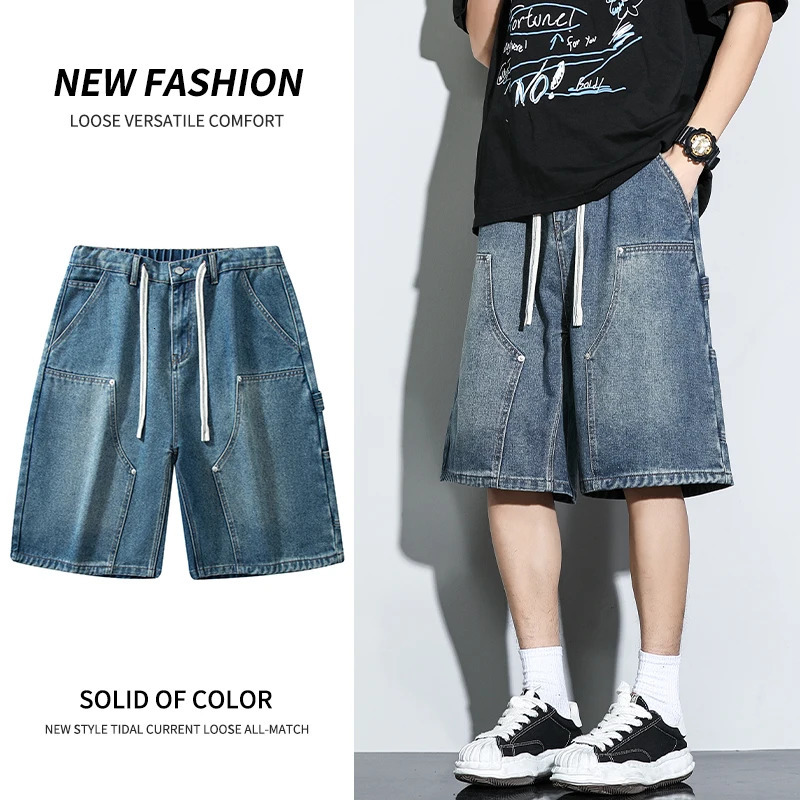 Vintage Cargo Denim Shorts Men Summer Fashion Dark Blue Dyed Distressed Fashion High Street Straight Wide Short Jeans 260304