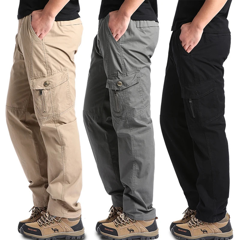 Mens Cotton Cargo Pants Casual Multiple Pocket Tacitcal Pants Spring Autumn Outdoor Camping Hiking Work Pants 260305