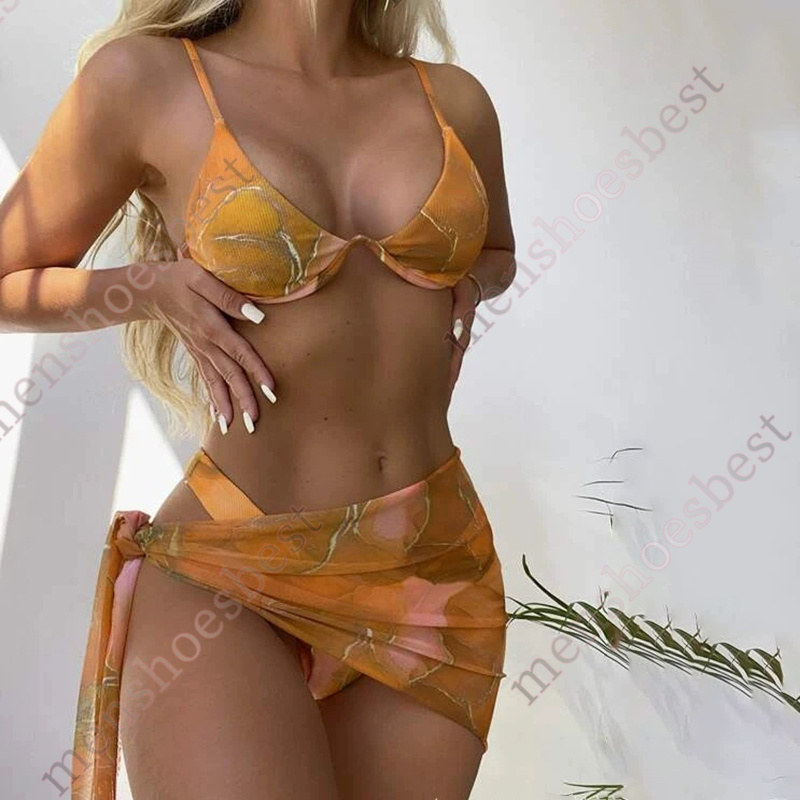 maillot de bain designer swimsuit women ladies bikinis New multi-color printed corrugated steel strap bikin three-piece swim suit