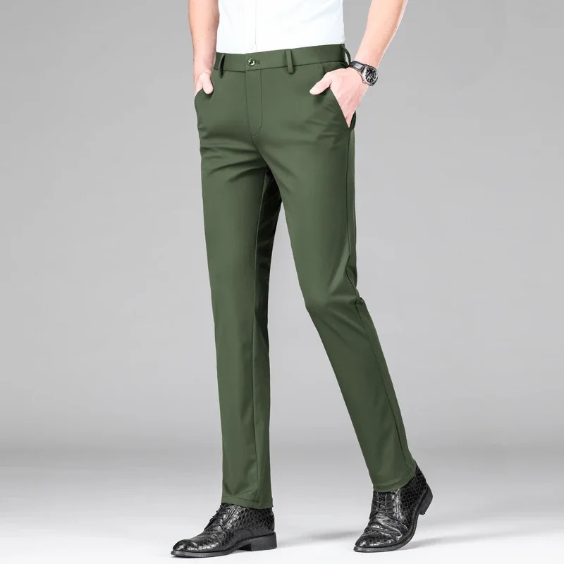 Summer Mens Ice Silk High Stretch Business Suit Pants Male Army Green Blue Elastic Formal Office Straight Formal Trousers 260306