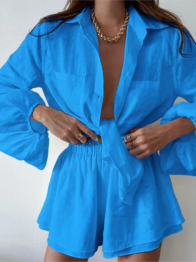 Summer Womens Casual Fashion Solid Color Sexy Lace Up Vneck Ruffle Edge Long Sleeved Shorts With Pocket Shirt Set 260306