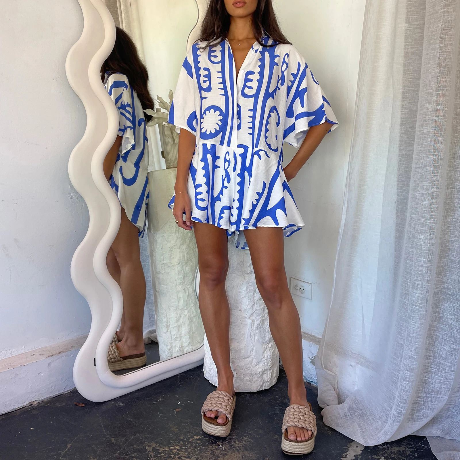 Hirigin Women Graphic Shorts Romper Short Sleeve Buttons Jumpsuit Boho Floral Loose Fit Belted Playsuit Summer Beachwear 260306