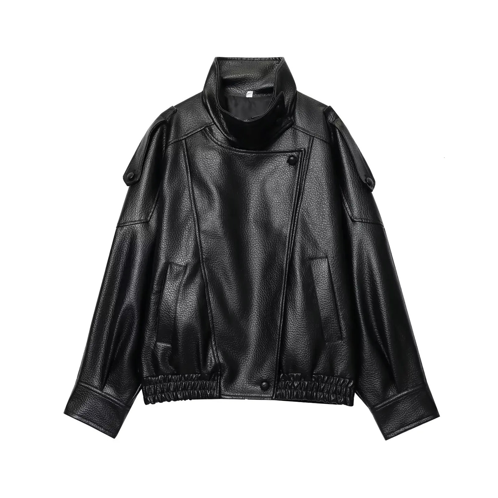 TFMLN Chic Black Faux Leather Jackets Women Long Sleeve Buttons Elastic Oversized Coats Fashion Autumn Winter Streetwear 260306
