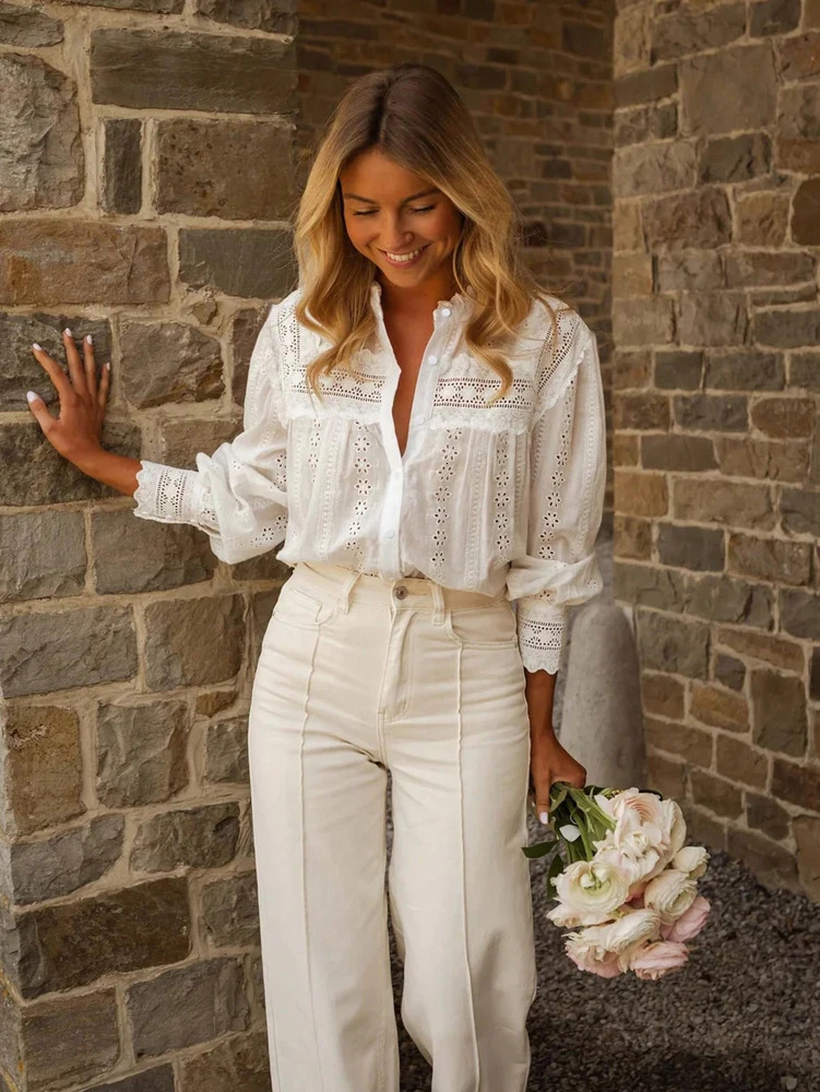 SpringSummer 2026 Arrivals European American Womens Wear Vacation Style SolidColour LaceUp Embroidered Blouse 260228