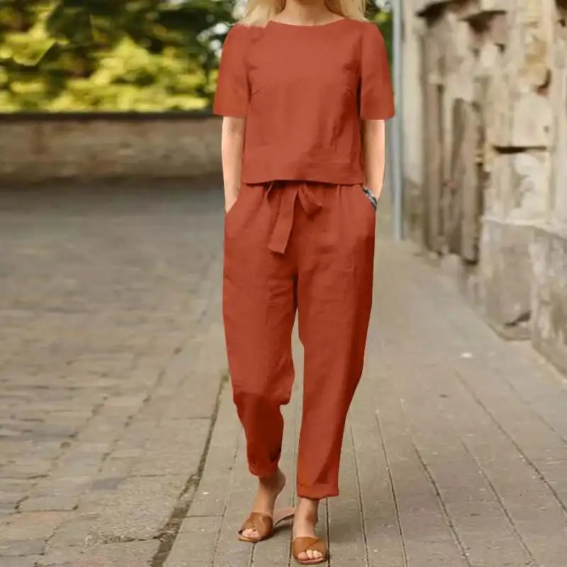 Womens Cotton Linen Suit Summer Matching Halfsleeved Round Neck Tie Elastic Waist Trousers Wideleg Pants Retro 260306