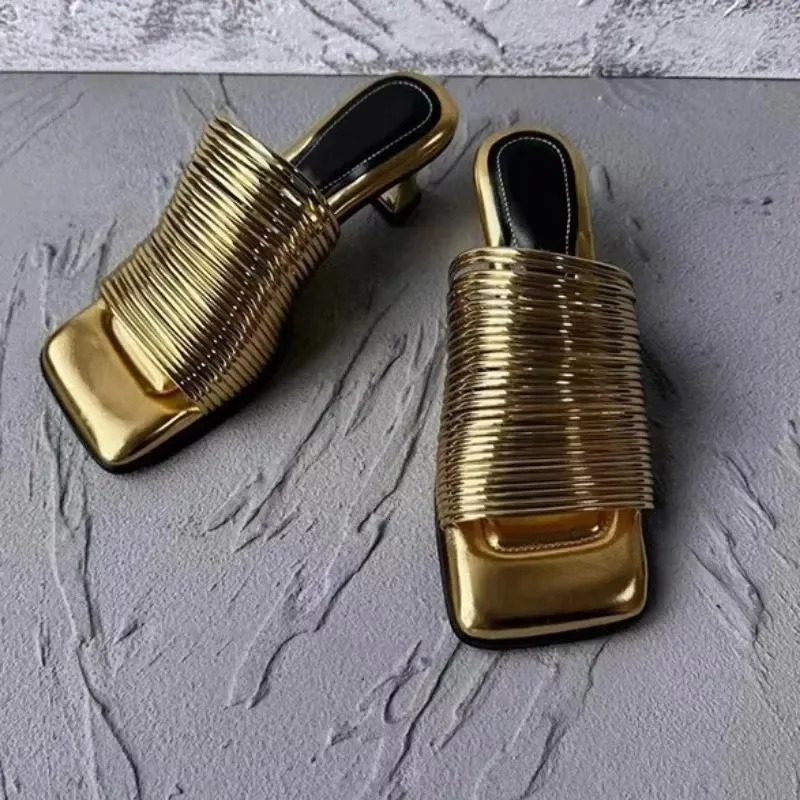Square Toe Stiletto Sandals for Women Summer Shiny Solid Color High Heels Casual Half Slippers Shoes for Women Sandals 260306
