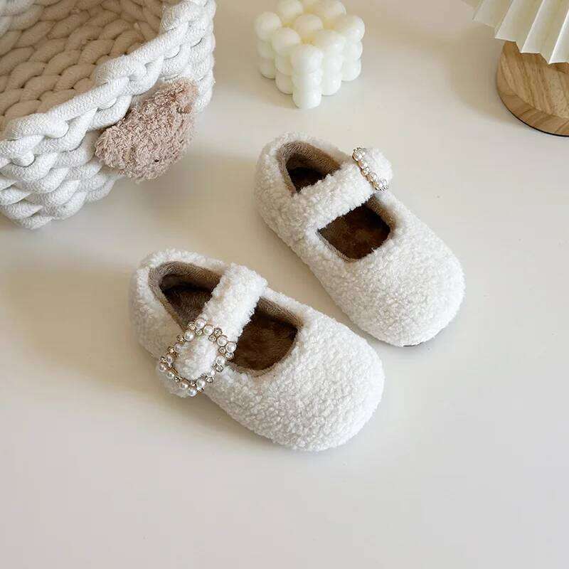 Children Winter Warm Thickened Casual Soft Soled Baby Girls Fashion Cotton Shoes Girl Pearl Velcro Square Toe H260207 H260305