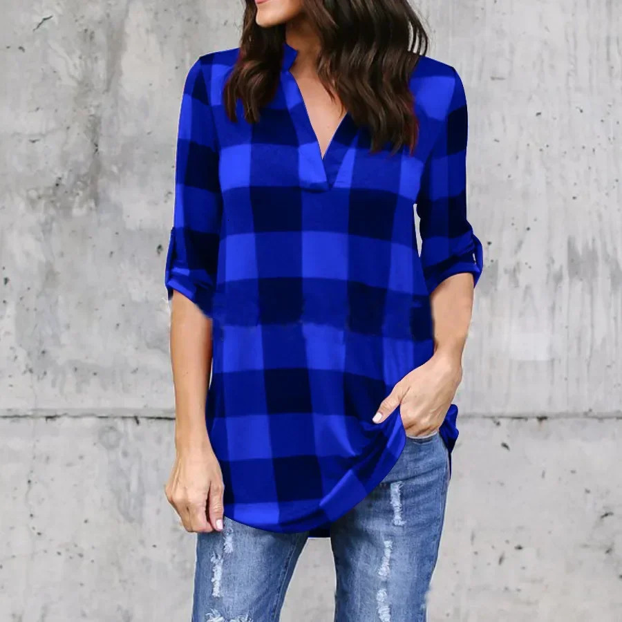Fashion Plaid Vneck TShirt Woman Top Summer T Shirt Women Clothes Ladies Tops Casual Beach Sun Blusas 260228