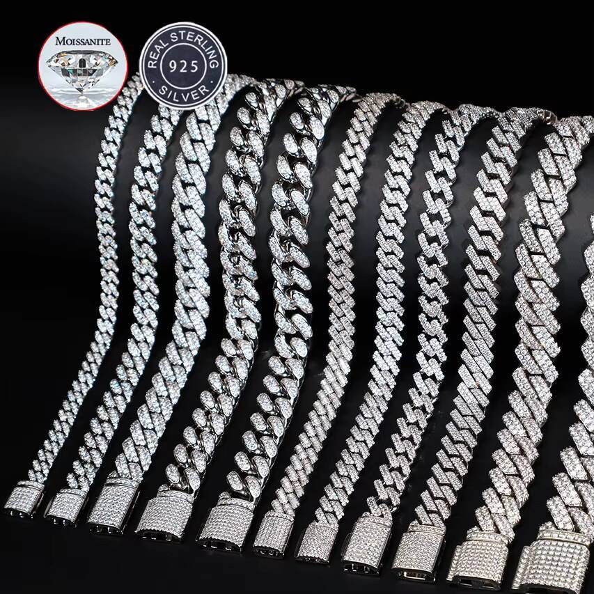 6mm-20mm Pass Diamond Tester 925 Sterling Silver Full Vvs Moissanite Iced Out Cuban Link Anklet Bangle Bracelet for Men Women