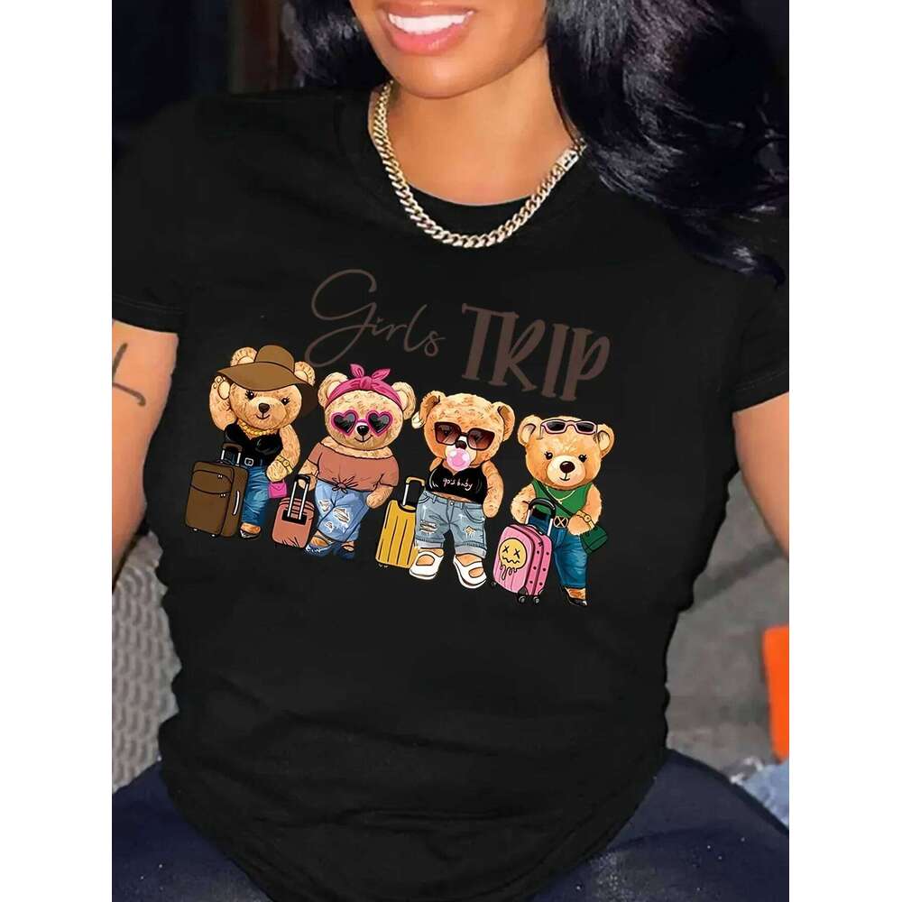 Bear and Letters Printed T-Shirt Casual Round Neck Short Sleeve Tops Spring Summer Women's Clothing Graphic T Shirts Fashion Y2K XJ260306 XJ26030