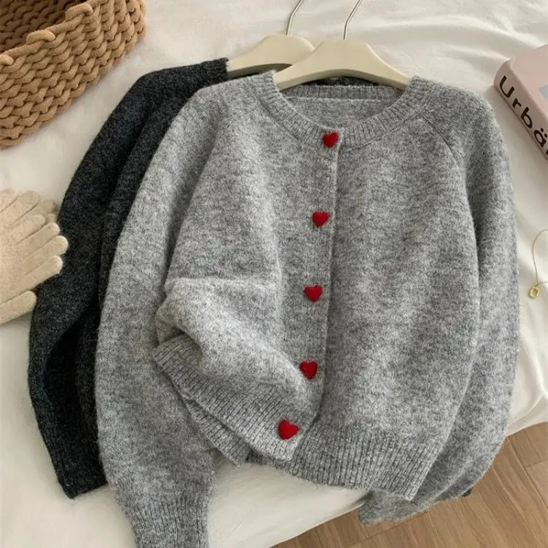 Deep Grey Wool Knitted Cardigan For Women 2026 Autumn Winter Soft And Sticky Warm Love Buckle Shoulder Sleeves 260305
