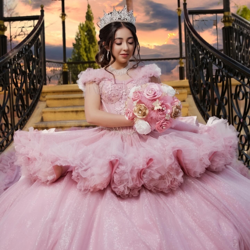 Pink Shiny Quinceanera Dresses Ball Gown Off The Shoulder Applique Beading Crystal Tiered Tull Corset Party Birthday Sweet 16 Dress Vestidos 15 Anos