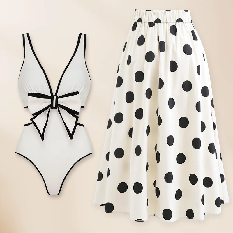 FLAXMAKER 3D Black and White Bowtie Decor One Piece Swimsuit Skirt Summer Swimwear Women Beachwear 260306