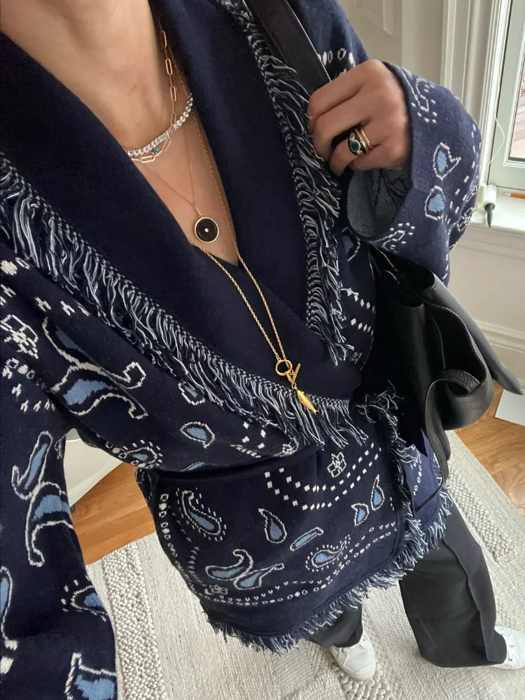 Tassel Patchwork Printed Cardigan Women Fashion V-neck Long Sleeve Loose Outerwears Lady Autumn Daily Commute Street Cardigans 260305