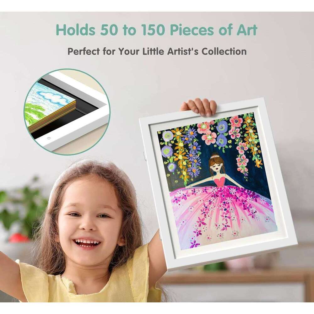 A4 Artwork White Frame Wood Paint Changeable With Acrylic Front Opening Holds 150 Pictures, Frames For Kids Art H260306
