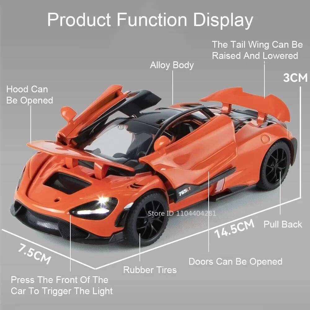 1:32 765LT 720S Alloy Diecast Car Miniature Model Toys Rubber Tires Doors Opened Sound Light Pull Back Vehice Ornaments Boy Gift Z260306