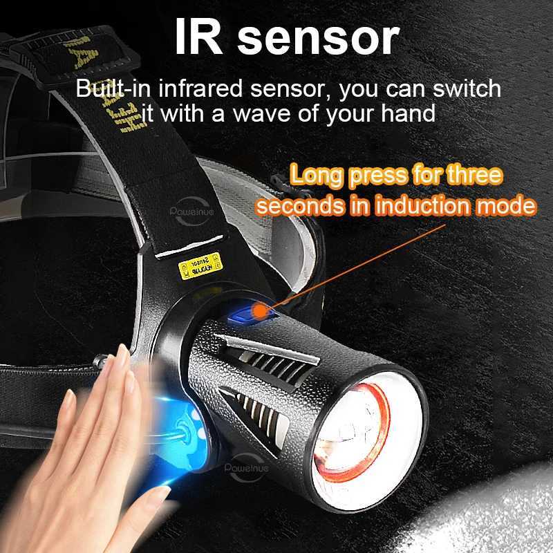 1000000LM XHP360 IR Sensor Led Headlamp Head Flashlight Type-c Recharge Front Head Light Powerful Head LED Light Fishing Lantern H260307