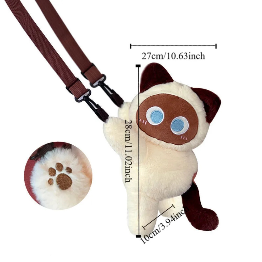 Kawaii Siamese Cat Shoulder Bag Soft Stuffed Animal Lamb Crossbody Lightweight With Detachable Strap 260307