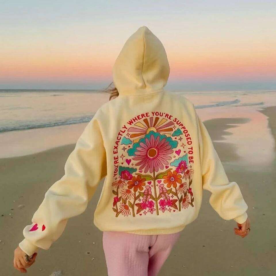 Combhasaki Women's Y2k Floral Letter Embroidered Hooded Pullover Cozy Stylish Long Sleeve Loose Sweatshirts With Kangaroo Pocket Gym Clothing Swe