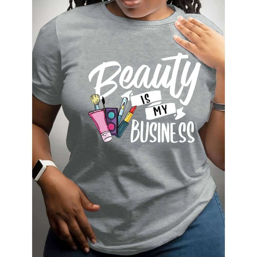 Women's Tshirt Graphic Beauty Is My Business Casual Crew Neck with Makeup Brush Design Short Sleeve Summer Top Comfortable Fit XJ260306