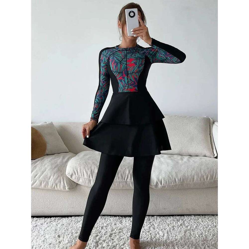3Pcs/Set Islamic Burkini Femmes Modest Swimwear Women Long Sleeve Muslim Swimsuit Pant Top Leopard Outdoor Equipment