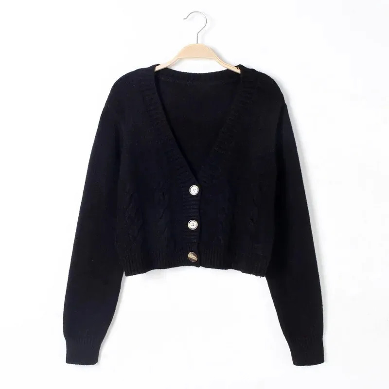 V Neck Cropped Cardigan Women Long Sleeve Twist Knitted Sweater Coats Autumn Winter Keep Warm Korean Fashion Jacket Cardigan 260305