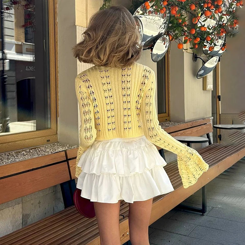 TARUXY Hollow Knitted Cardigan Womens Solid Long Sleeve V Neck Short Sweater Top Summer Female Crochet Casual Outwear 260305