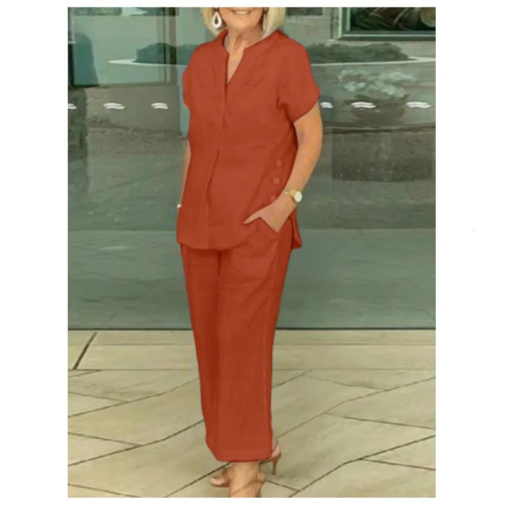 Fashion Cotton Linen Short Sleeved Women Shirt Pants Suit Spring Summer Simple Casual Pocket Pants Female Office 2 Piece Set 260304