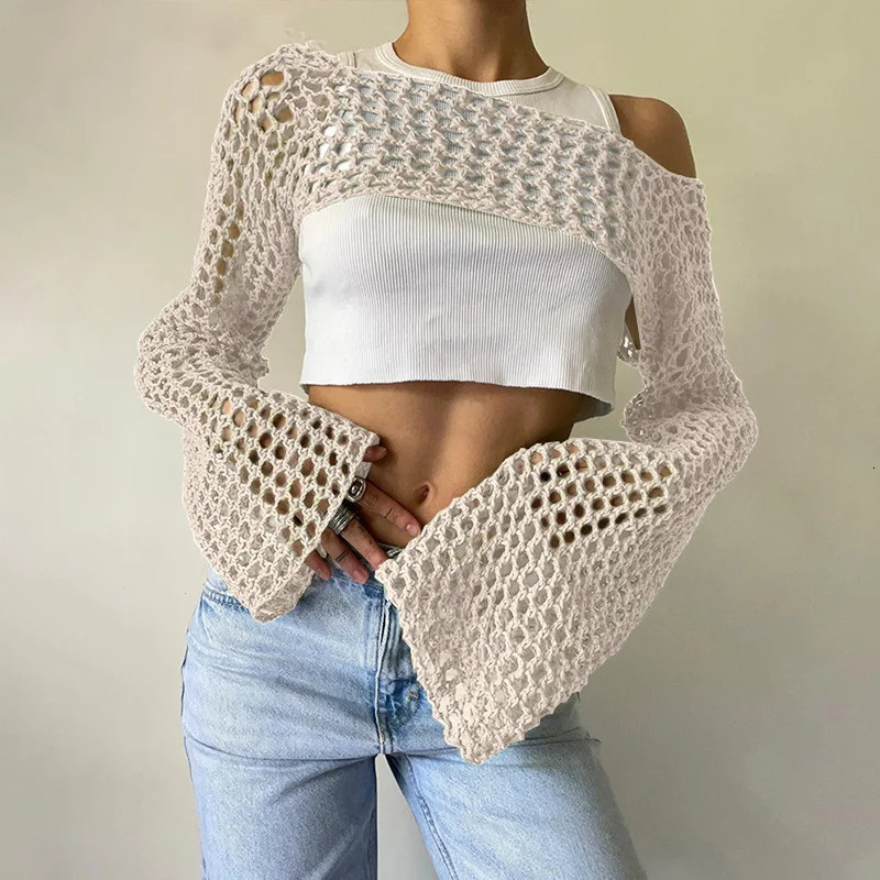 Long Sleeve Crochet Crop Top Summer Knit Hollow Out Mesh Cover Ups Womens Y2k Tops Pullover Streetwear 260306