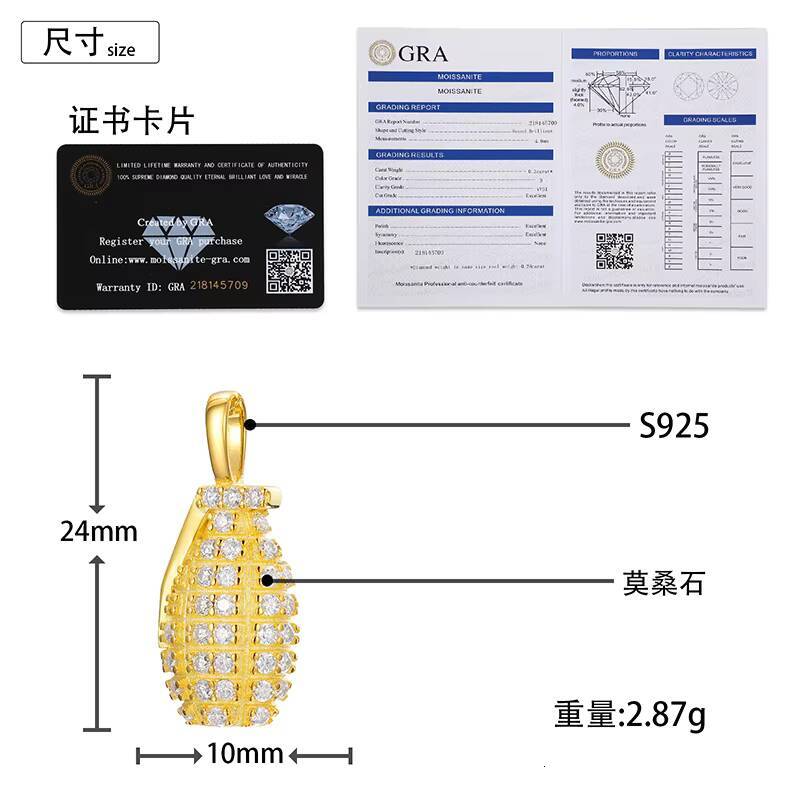 Hot Sale Fashion Hip Hop Iced Out 925 Sterling Silver Moissanite Grenade Pendant Necklace for Men and Women