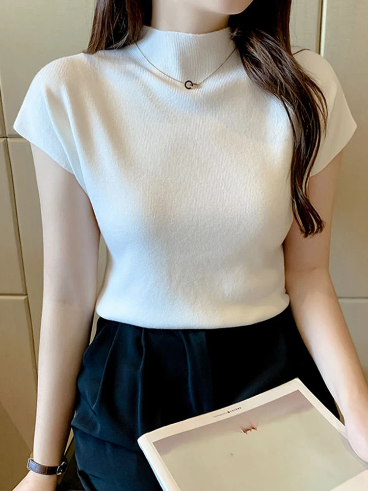 Women Summer Sexy Knitted Turtleneck Sleeveless TShirts Tops Solid Slim Fit Pullovers Causal Tees Female Streetwear Basics 260306