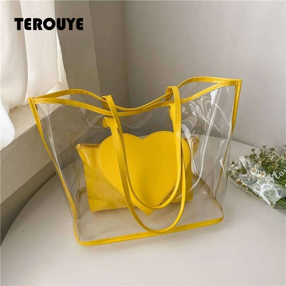 Waterproof Jelly Shoulder Large Capacity Versatile Transparent Handbags Has Inner Pocket Color Contrasting Beach Bag TEROUYE
