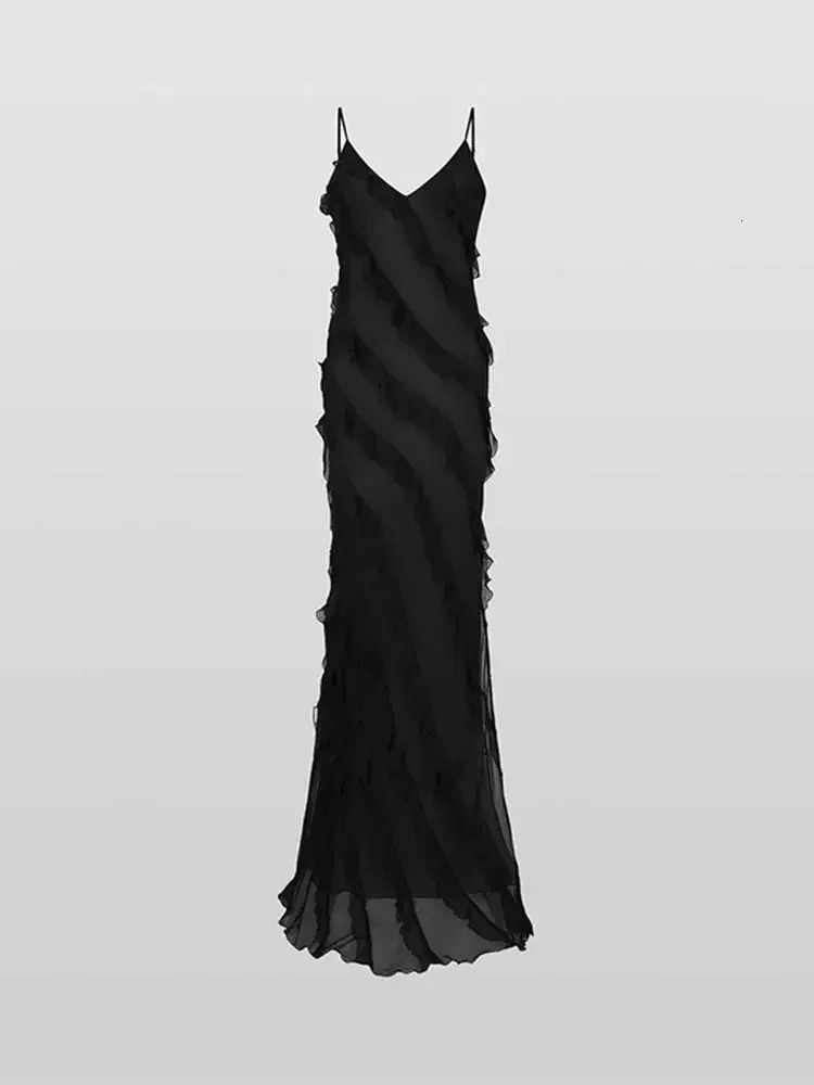 Women Black Stacked Ruffle Hem Long Dress sexy Sleeveless Backless Chiffon VNeck Dresses Lady Vacation Vestidos 260306