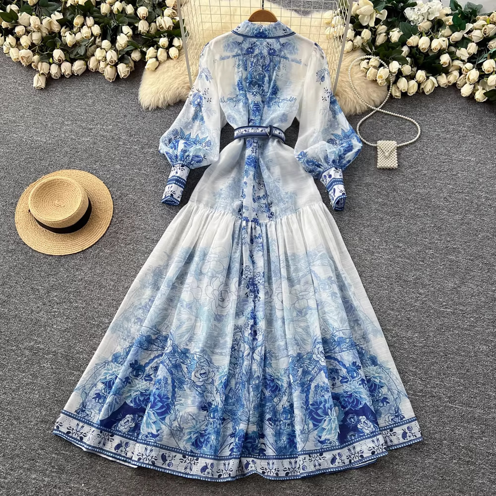 Palace-style Blue And White Porcelain Print Dress For Women Spring Long-sleeve Waist-cinching Slimming A-line Long Dress Elegant And Classy