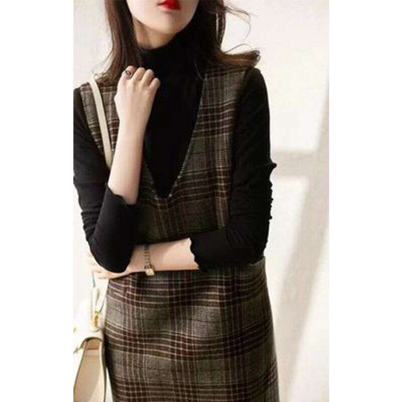 Mardi Hefxessdr Long Sleeveless Plaid Vest Dress Autumn Winter plus Size Straight Cut Slimming Woolen Dress Women's Midi V-neck Casual Style